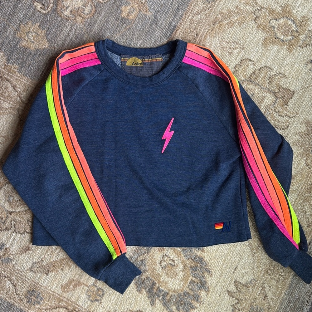 Aviator Nation BOLT CROPPED CREW SWEATSHIRT NAVY NEON STRIPES - Like New 
Small